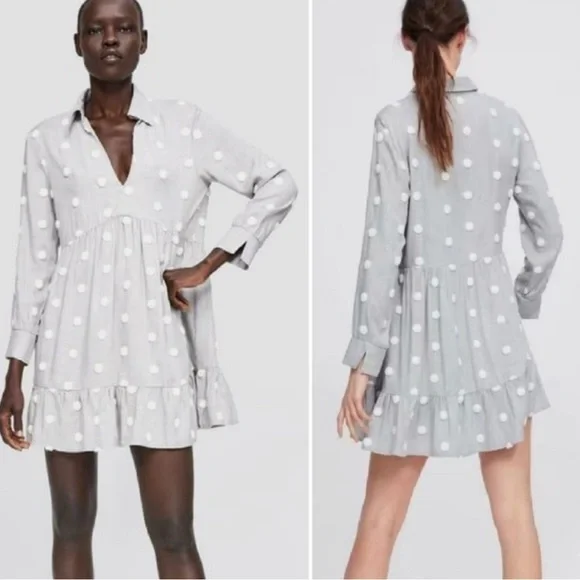 Zara Pom Polka Dot Babydoll Mini Contrast Dress Gray White Shirt Size Medium - Picture 4 of 15